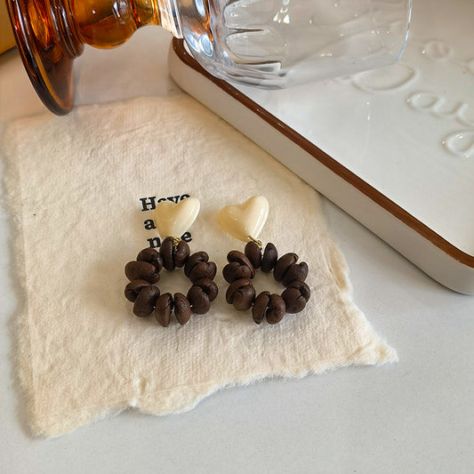 Sohvara Original White Chocolate Heart & Coffee Bean Ring Earrings image 0
