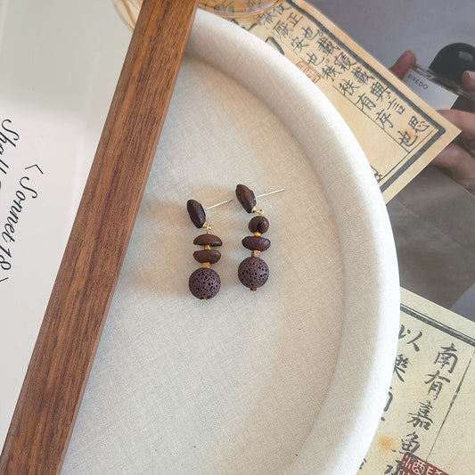 Sohvara Original Vintage Deep Brown Textured Beaded Drop Studs image 0