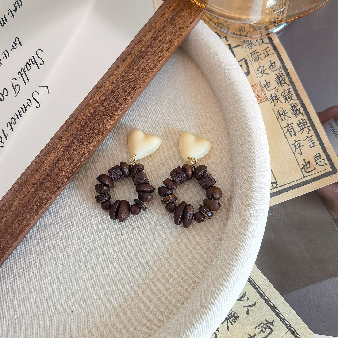 Sohvara Original White Chocolate Heart & Coffee Bean Ring Earrings image 0