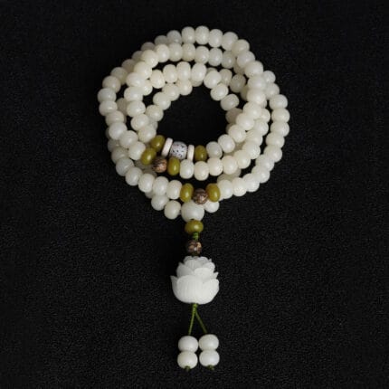 108-Count Lotus White Bodhi Seed Buddhist Mala Prayer Bead Bracelet
