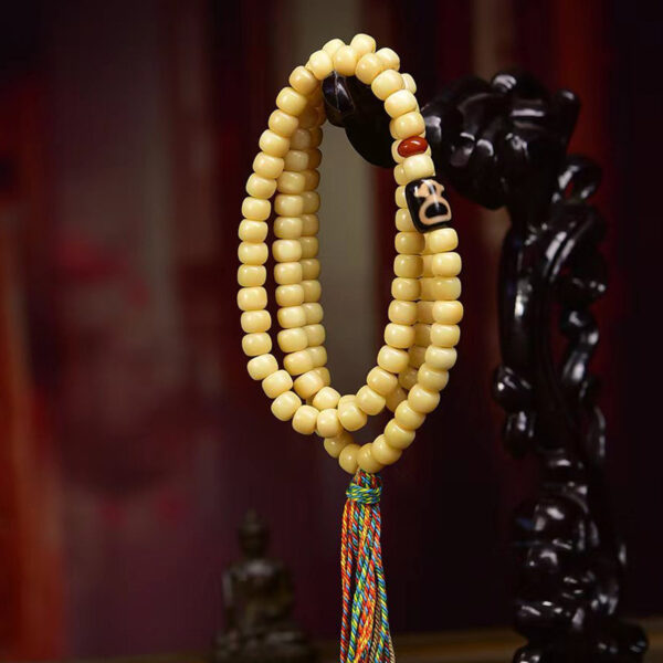 sohvara authentic tibetan yak bone mala with 108 barrel beads and agate dzi accent