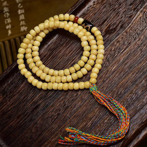 sohvara authentic tibetan yak bone mala with 108 barrel beads and agate dzi accent