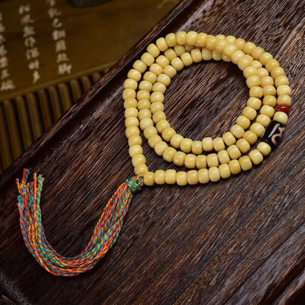 sohvara authentic tibetan yak bone mala with 108 barrel beads and agate dzi accent