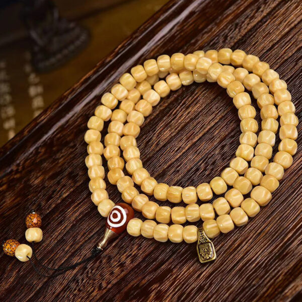 sohvara authentic 108 beads mala — natural baixiang bodhi seeds with hand carved deer bone guru bead