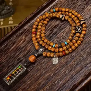 sohvara authentic tibetan mala – natural cracked old star moon bodhi beads with agate three eyed dzi pendant