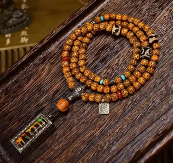 sohvara authentic tibetan mala – natural cracked old star moon bodhi beads with agate three eyed dzi pendant