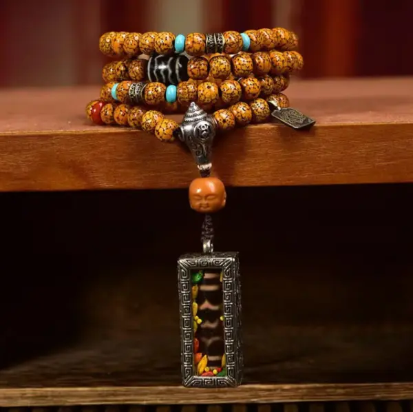 sohvara authentic tibetan mala – natural cracked old star moon bodhi beads with agate three eyed dzi pendant