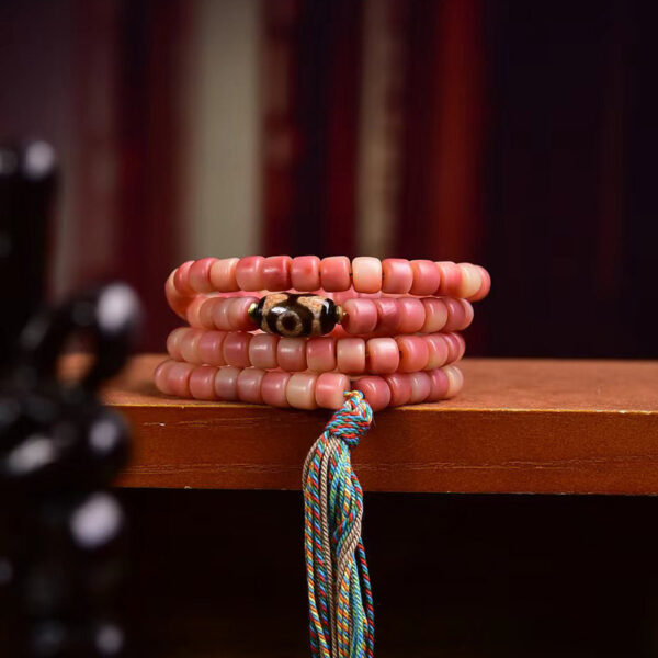 sohvara natural camel bone mala with 108 semi blood beads and tibetan dzi guru bead