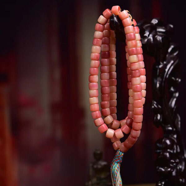 sohvara natural camel bone mala with 108 semi blood beads and tibetan dzi guru bead